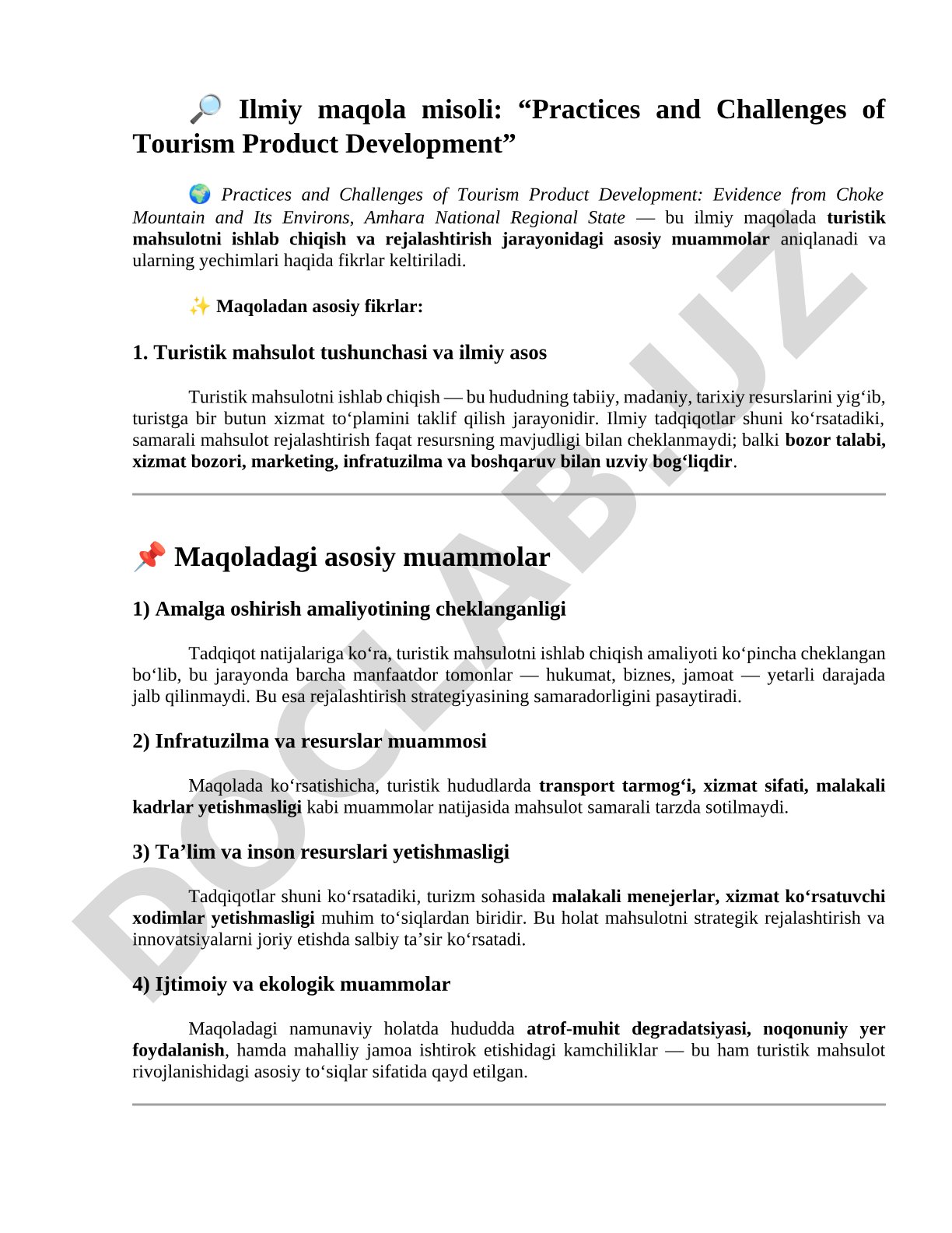 Practices and Challenges of Tourism Product Development: Evidence from Choke Mountain and Its Environs, Amhara National Regional State