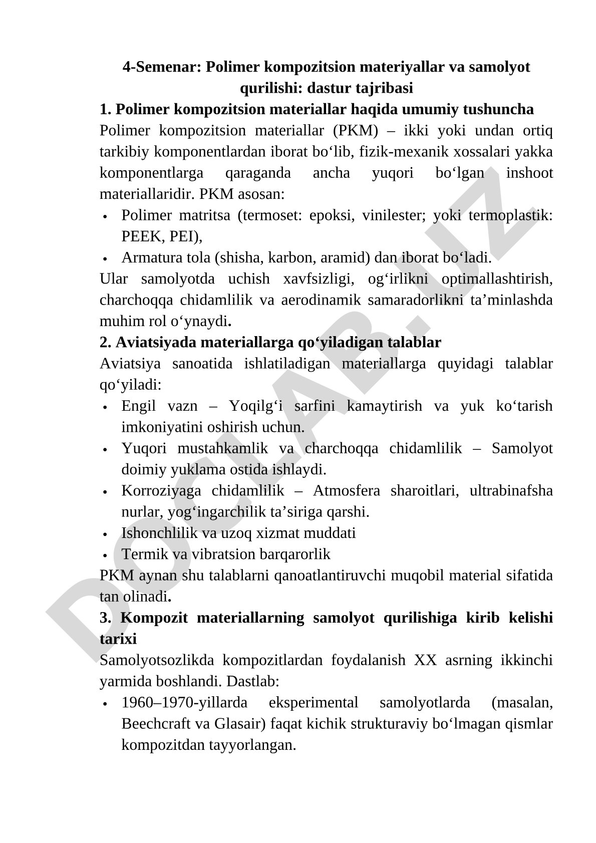 Polimer kompozitsion materiallar va samolyot qurilishi
