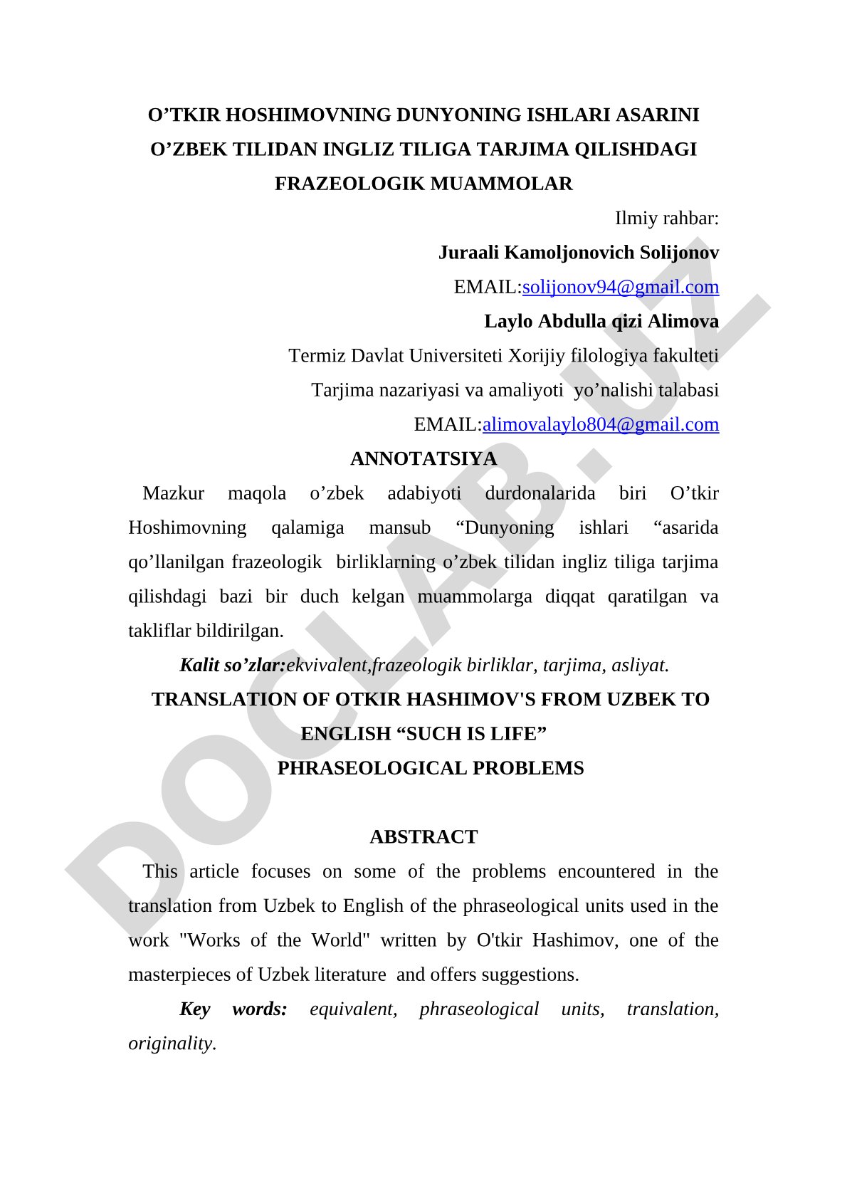 O‘tkir Hoshimovning “Dunyoning ishlari” asarini o‘zbek tilidan ingliz tiliga tarjima qilishdagi frazeologik muammolar