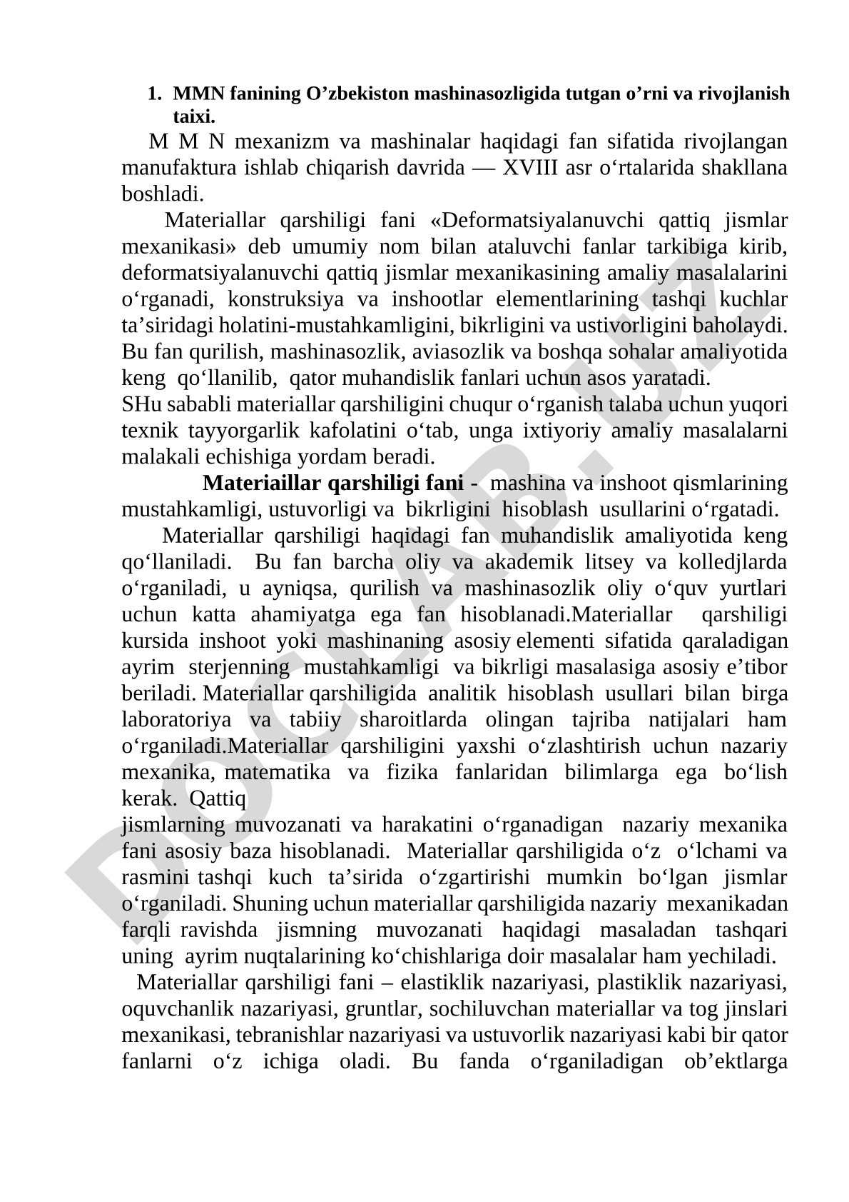 Materiallar qarshiligi fanining mashinasozlikdagi o'rni