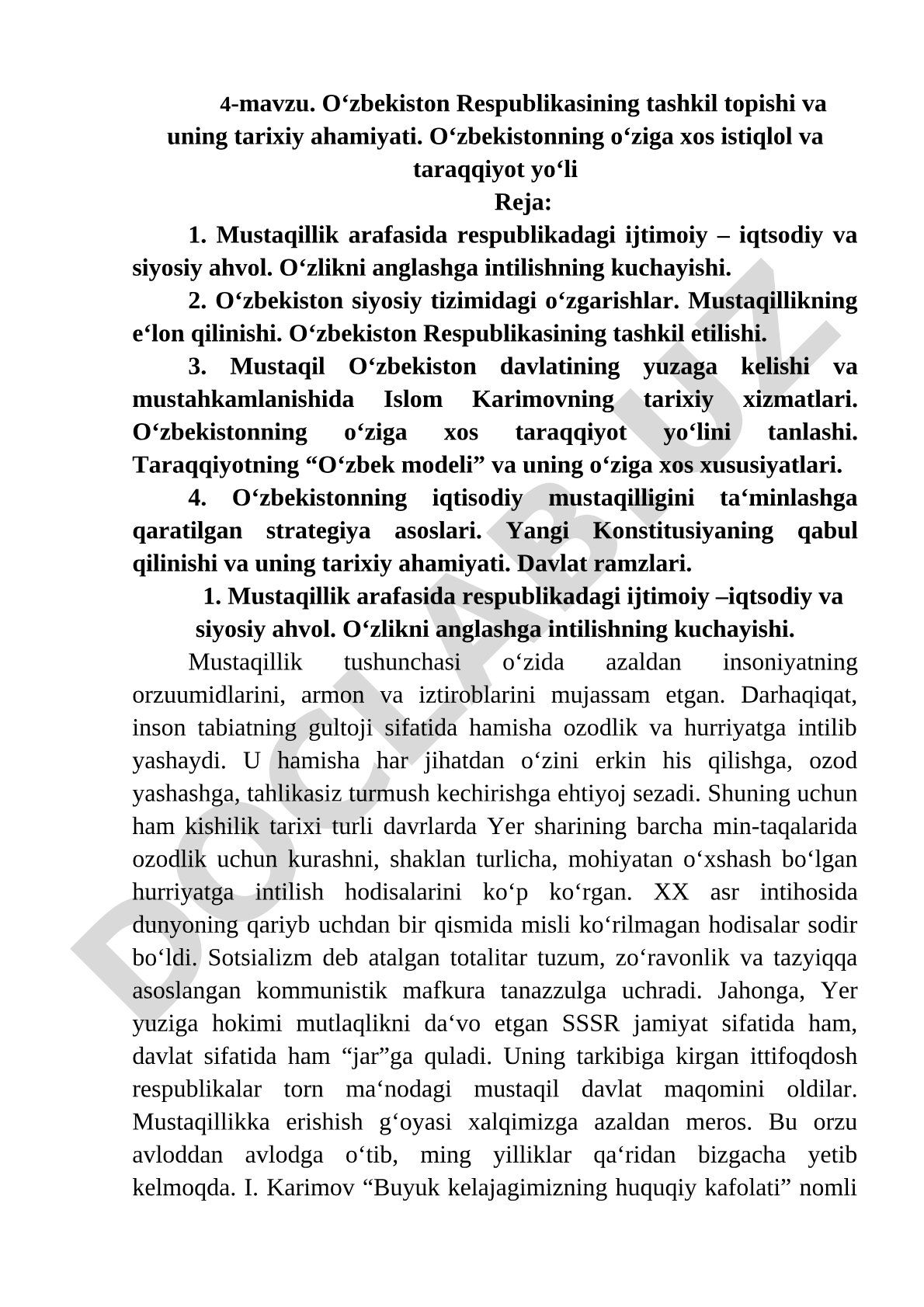 Oʻzbekiston Respublikasining tashkil topishi va uning tarixiy ahamiyati