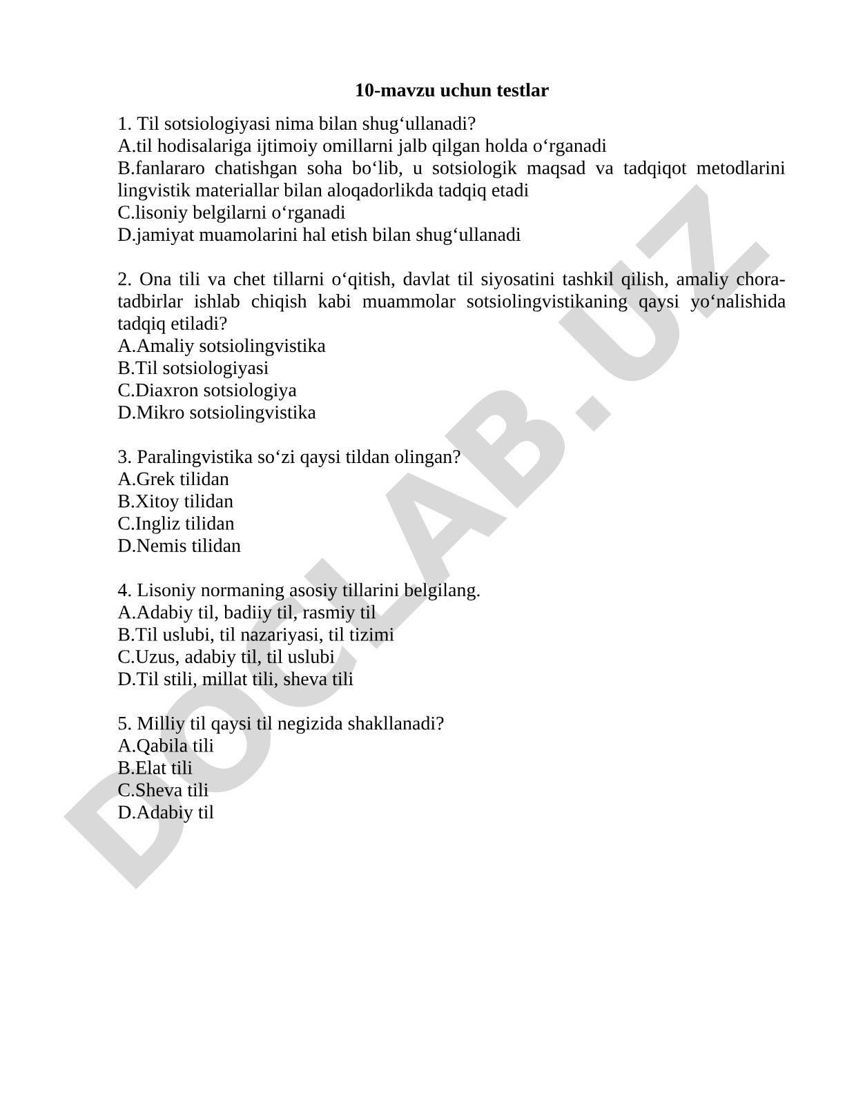 10-mavzu uchun testlar