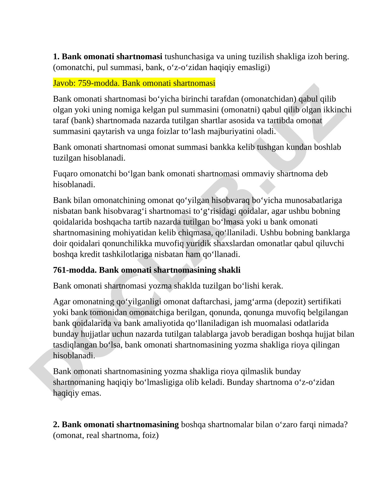 Bank omonati shartnomasi tushunchasi va tuzilish shakli