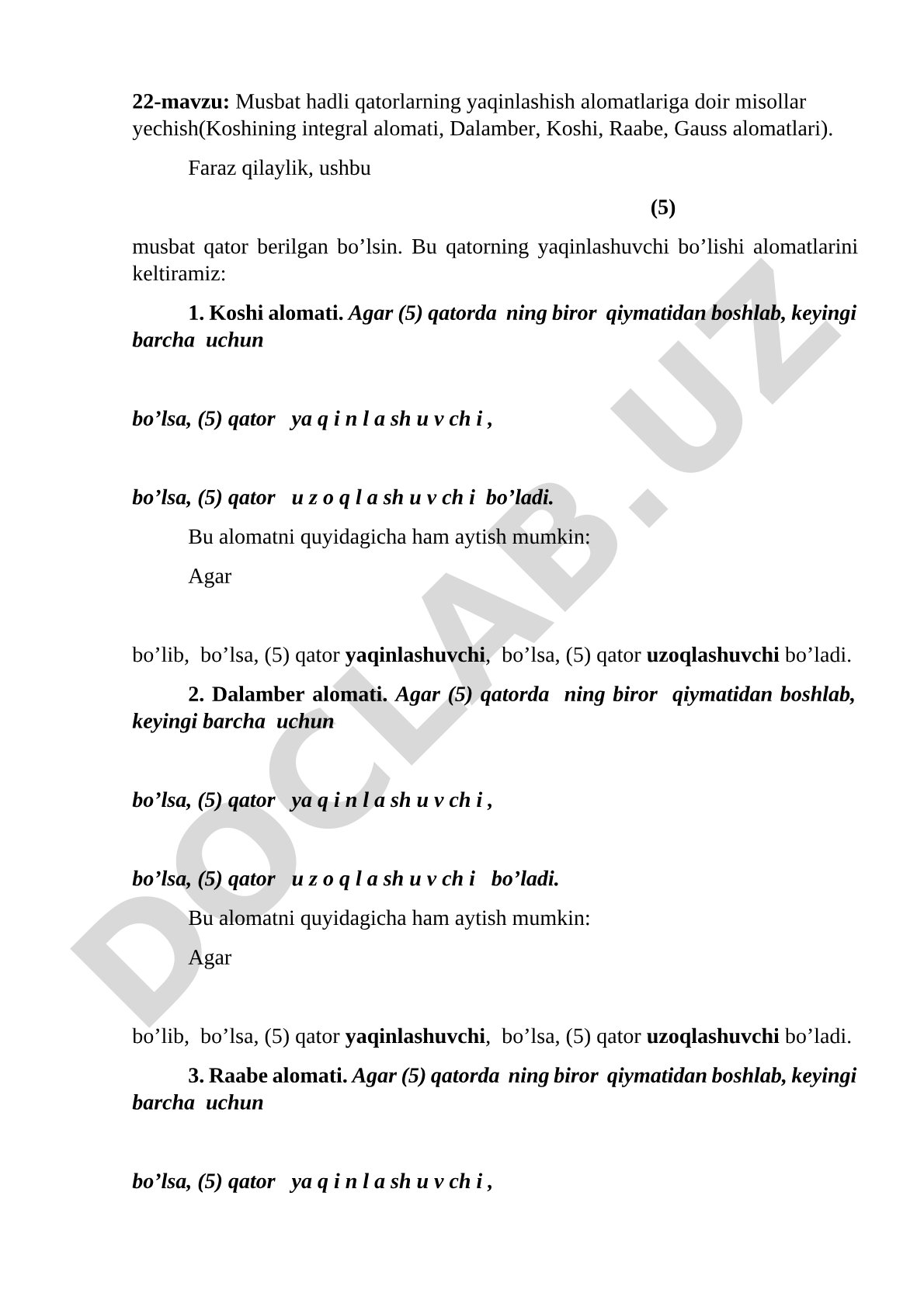 Musbat hadli qatorlarning yaqinlashish alomatlariga doir misollar yechish