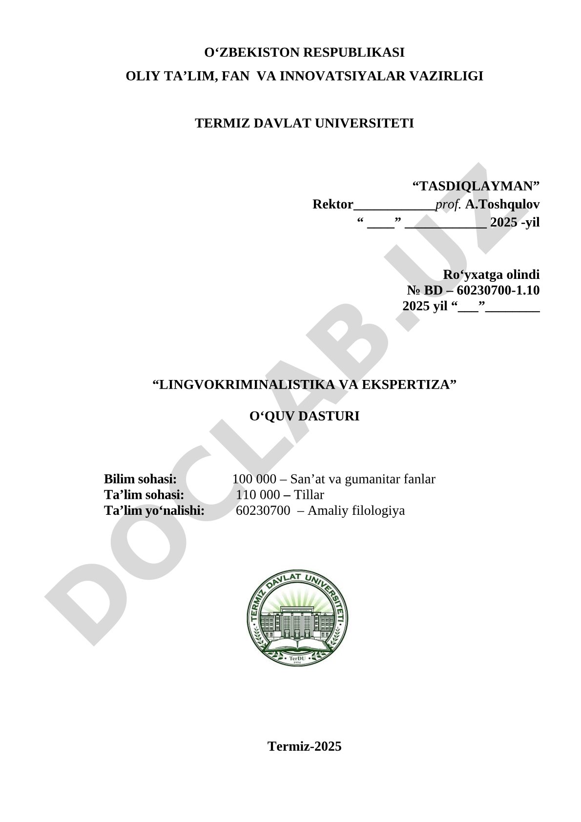 Lingvokriminalistika va ekspertiza o'quv dasturi