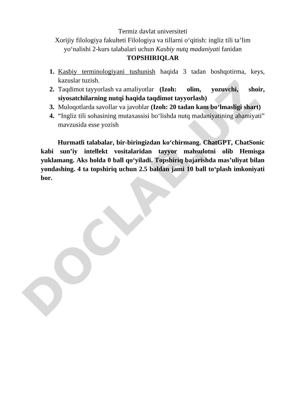 Kasbiy nutq madaniyati fanidan topshiriqlar