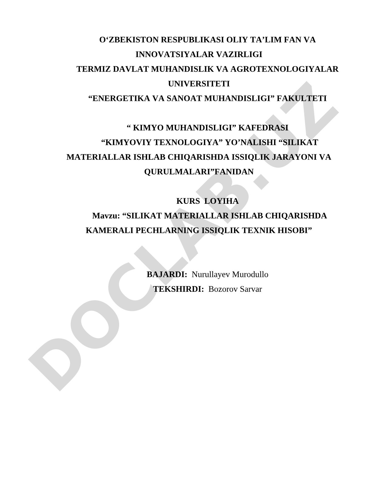 Silikat materiallar ishlab chiqarishda kamerali pechlarning issiqlik texnik hisobi