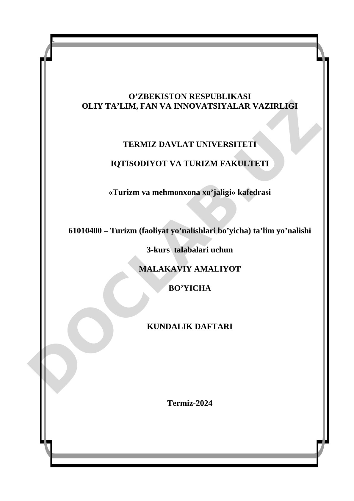 Malakaviy amaliyot bo'yicha kundalik daftari