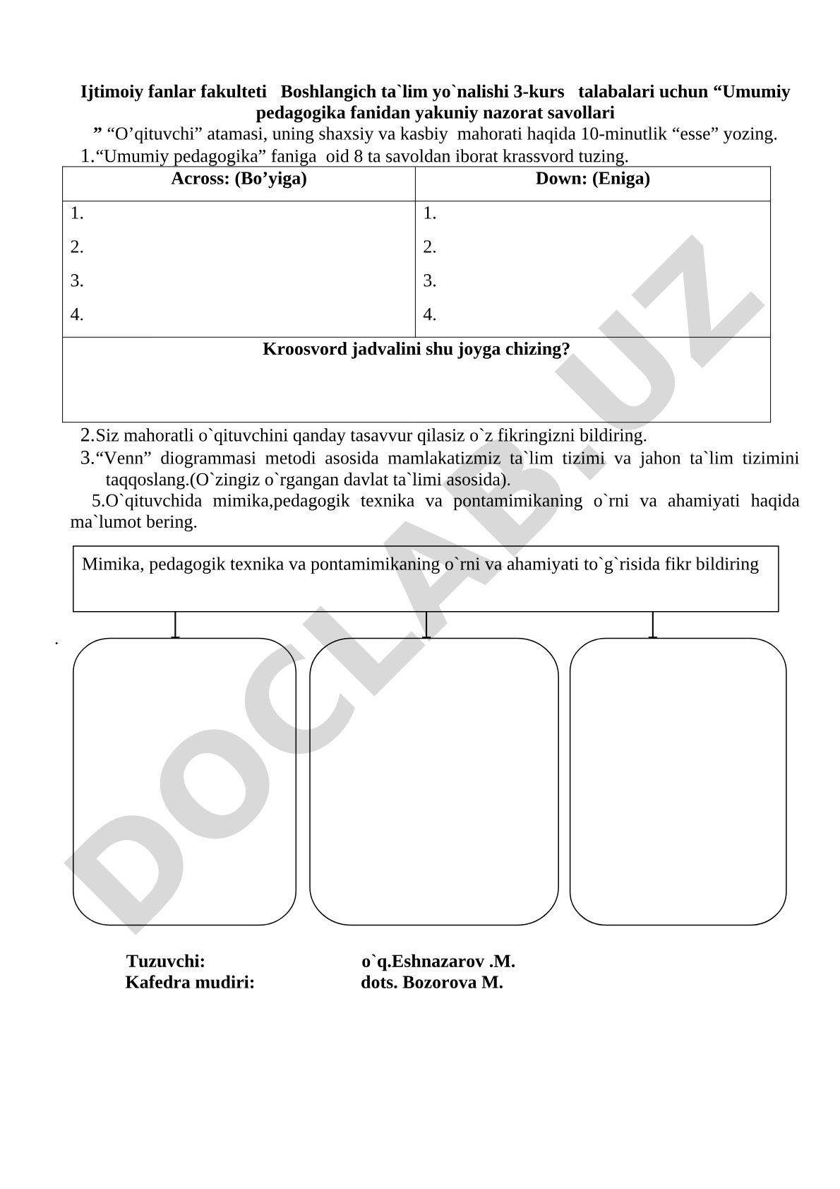 Umumiy pedagogika fanidan yakuniy nazorat savollari