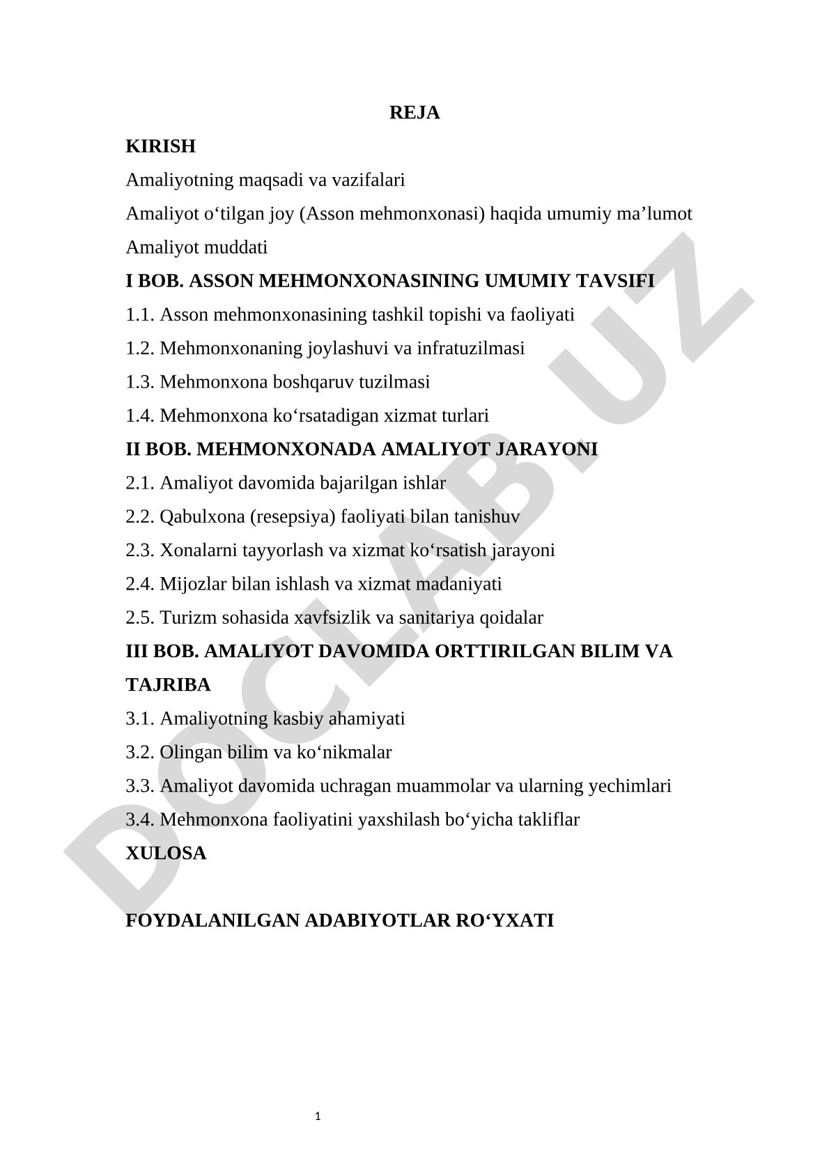 Asson mehmonxonasida amaliyot o'tish jarayoni