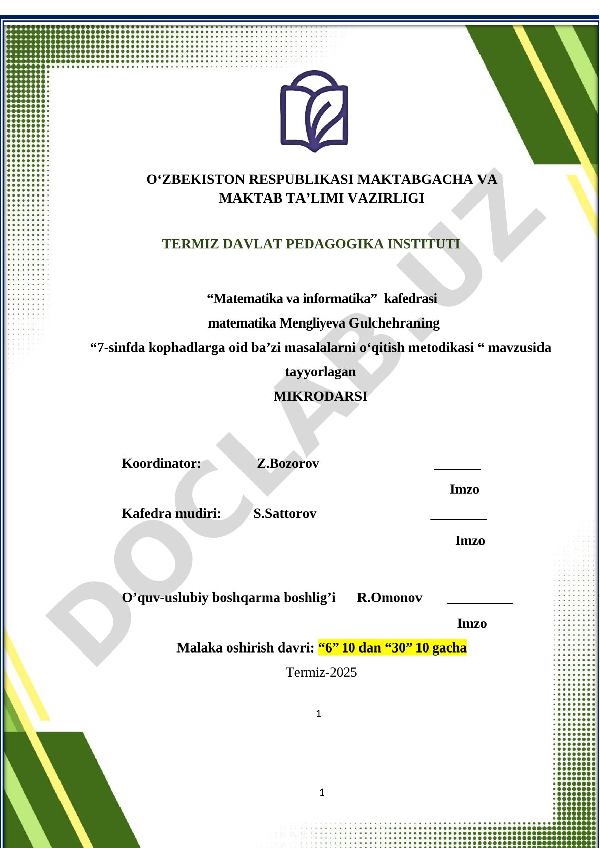 7-sinfda ko‘phadlarga oid ba’zi masalalarni o‘qitish metodikasi