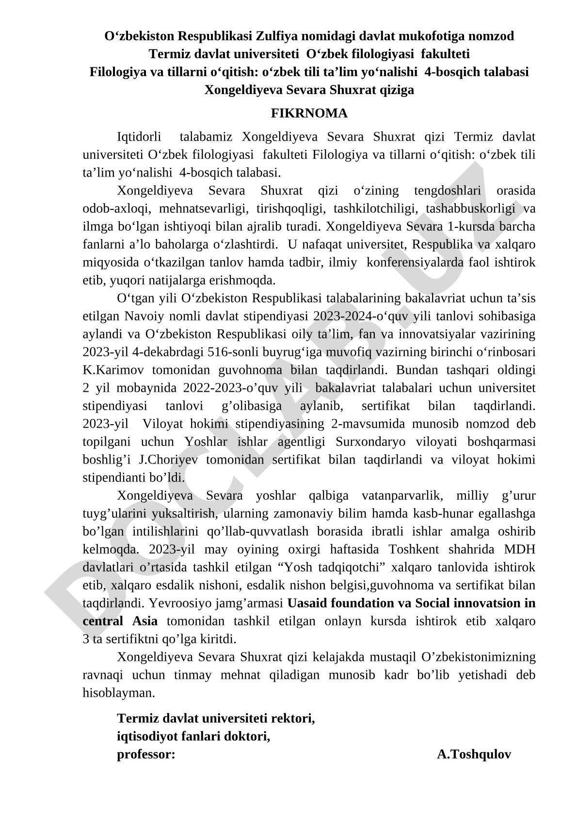 Xongeldiyeva Sevara Shuxrat qiziga Fikrnoma