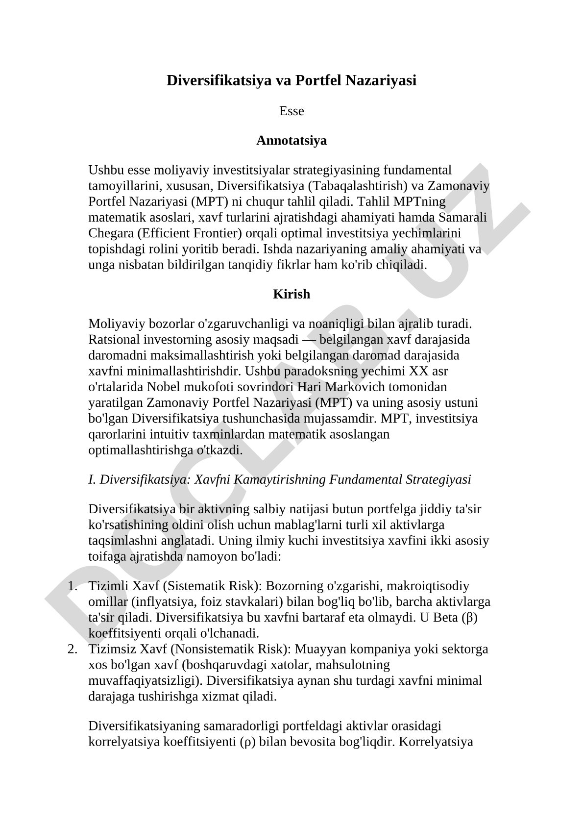 Diversifikatsiya va Portfel Nazariyasi