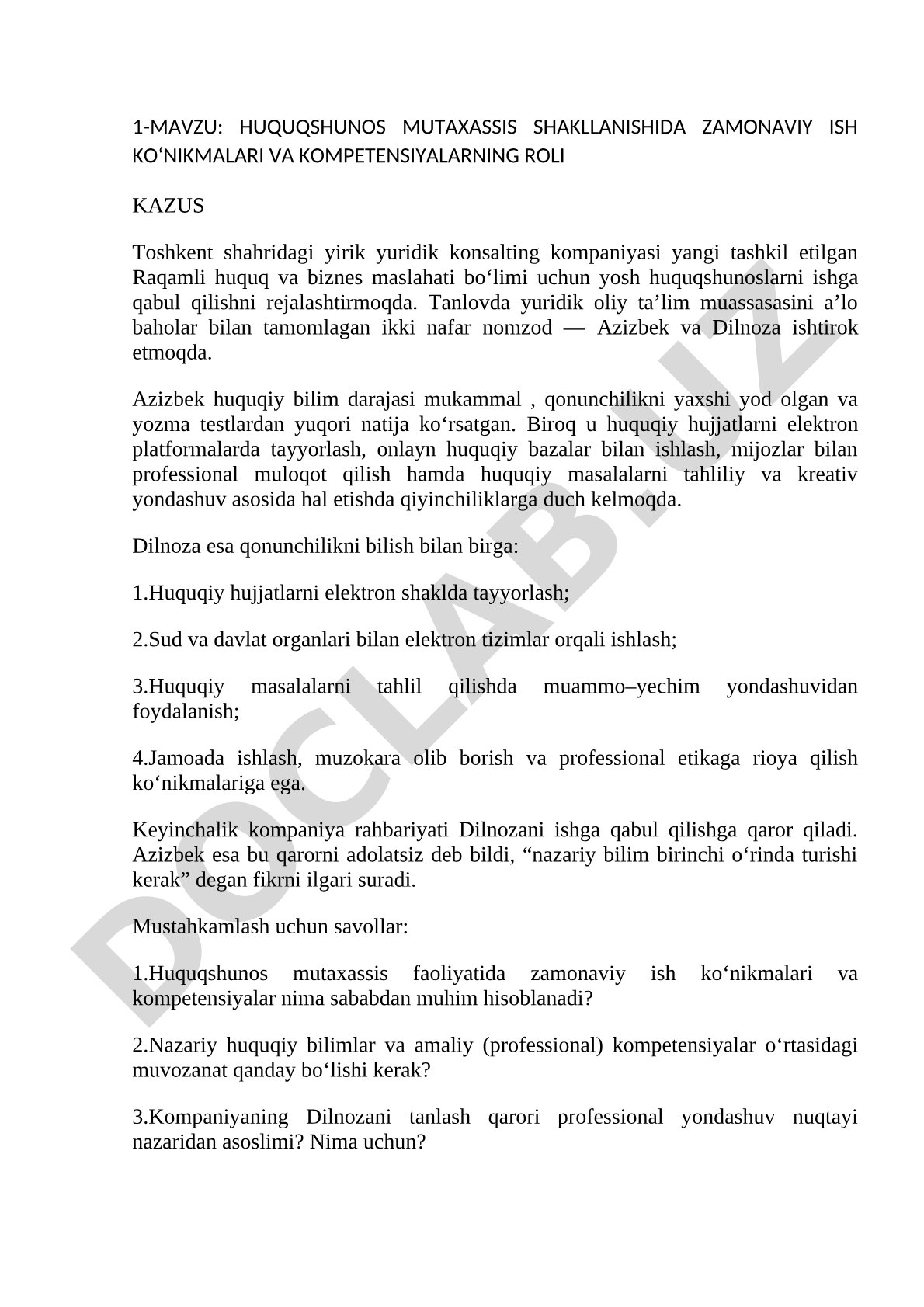 Huquqshunos mutaxassis shakllanishida zamonaviy ish ko‘nikmalari va kompetensiyalarning roli
