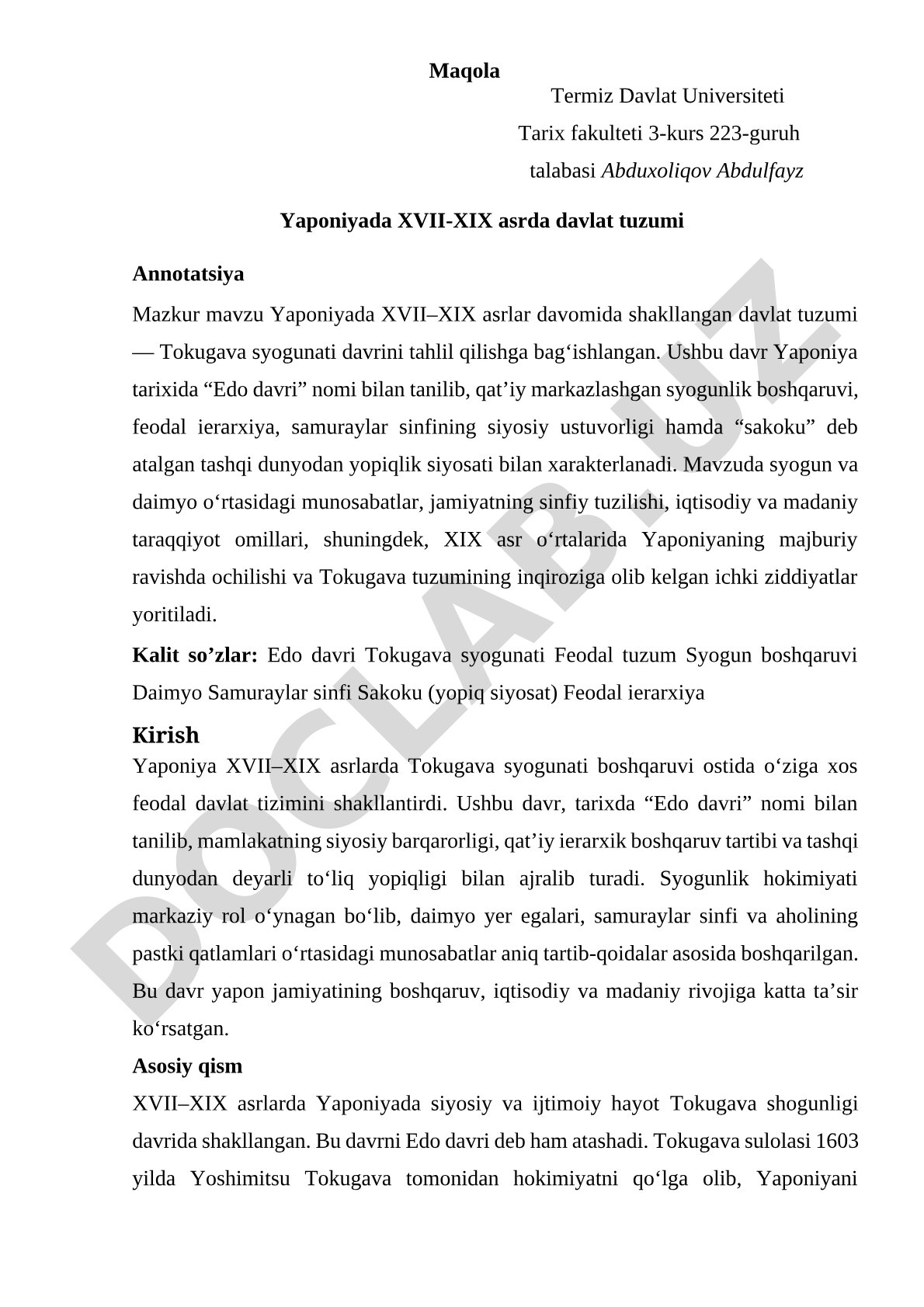 Yaponiyada XVII-XIX asrda davlat tuzumi