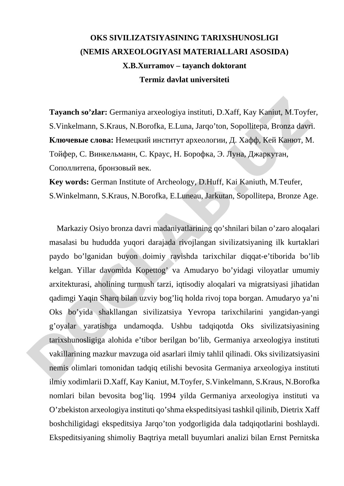 Oks sivilizatsiyasining tarixshunosligi (nemis arxeologiyasi materiallari asosida)
