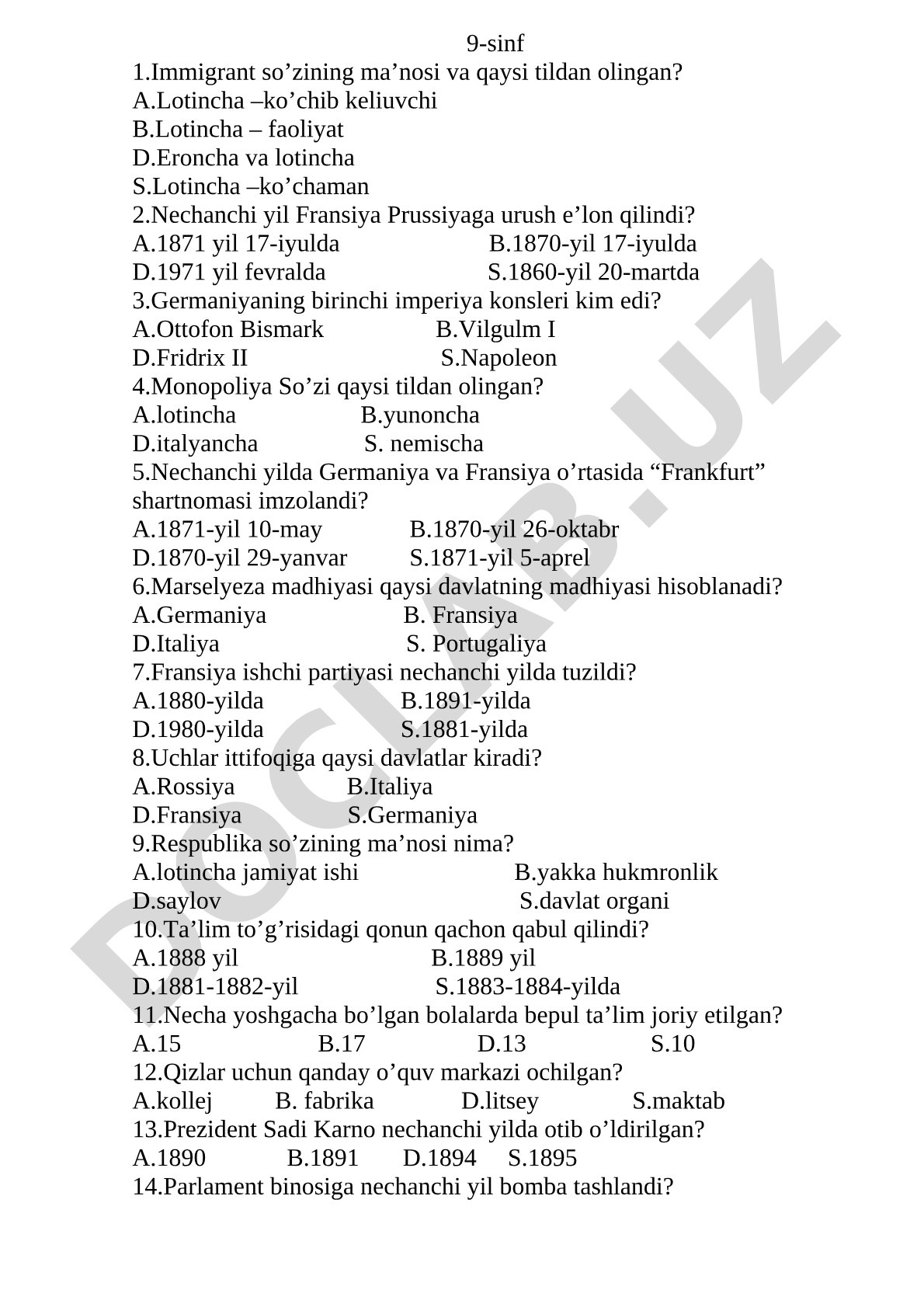 9-sinf tarix test savollari