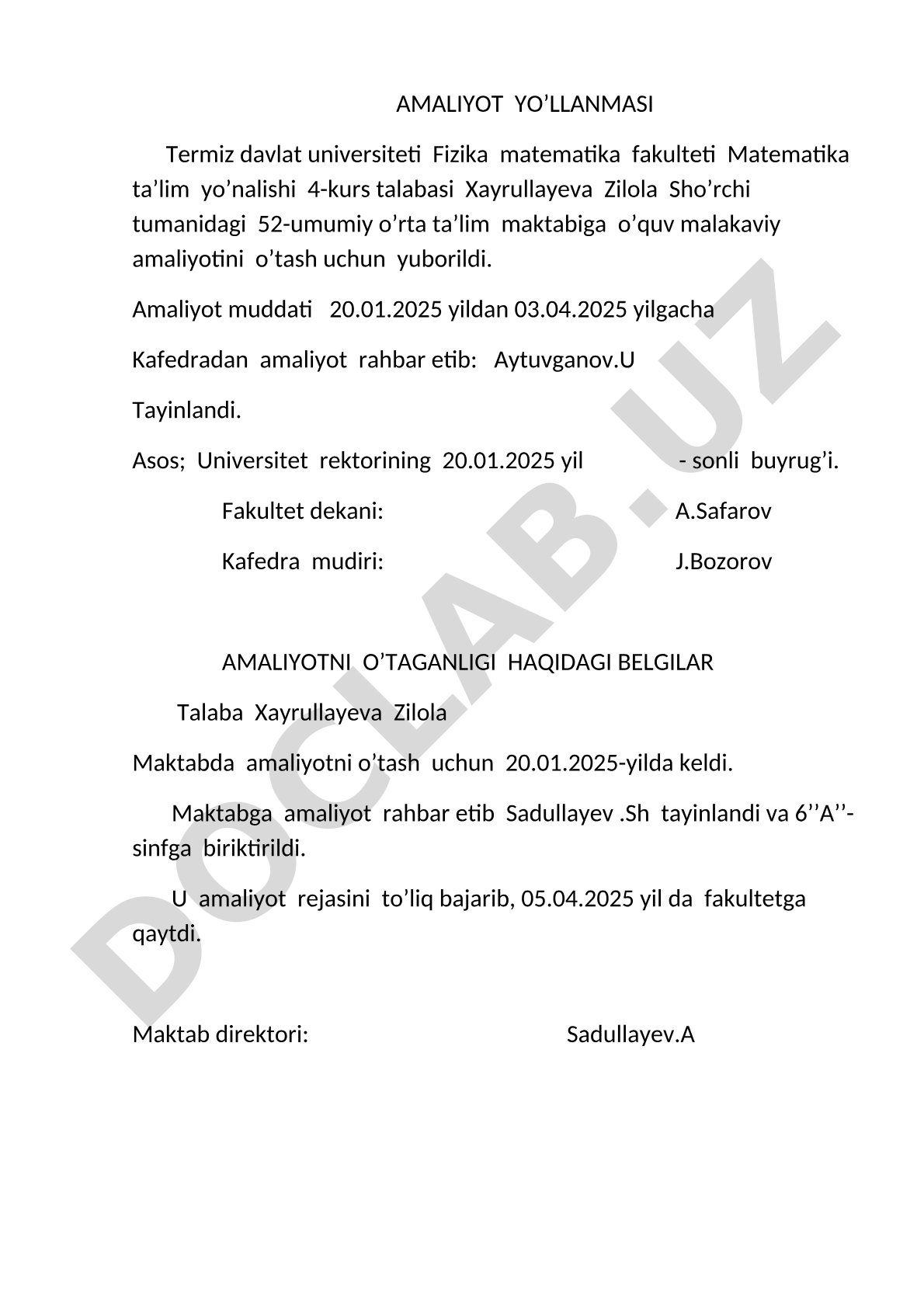O'quv malakaviy amaliyoti yo'llanmasi