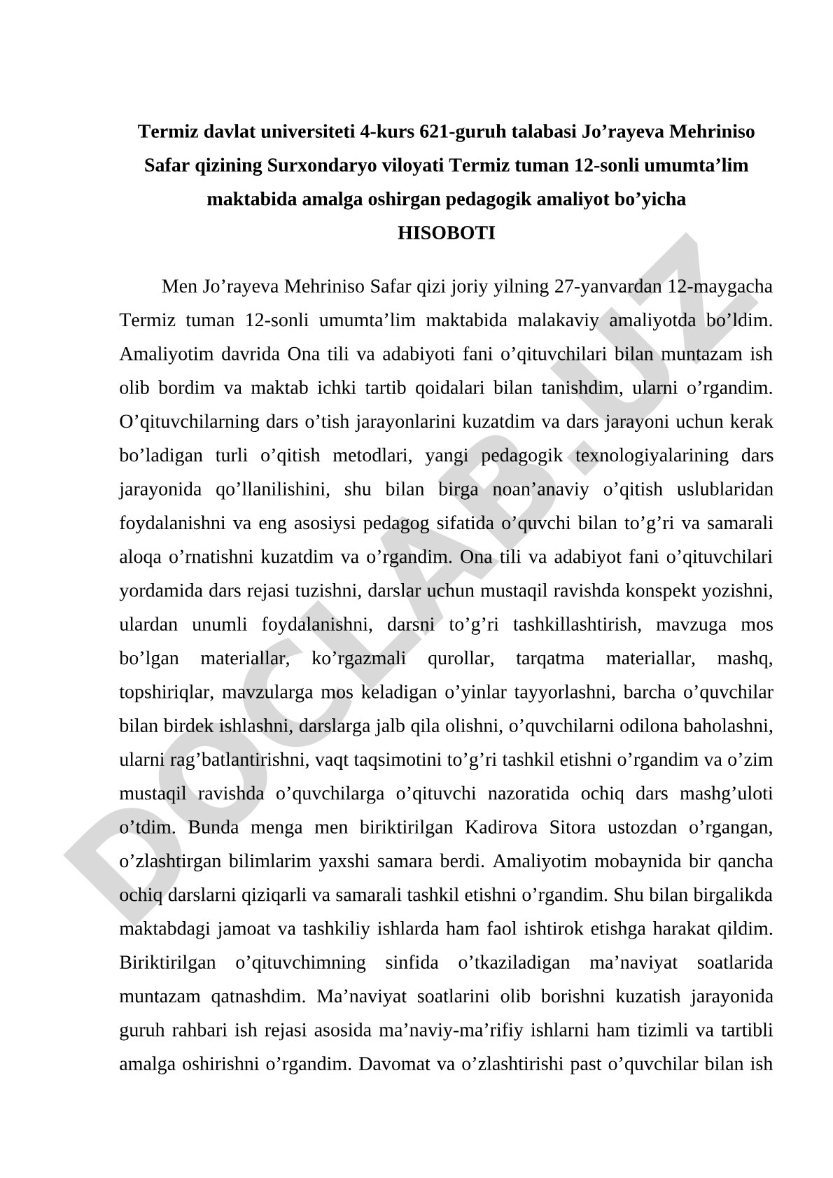 Pedagogik amaliyot hisoboti