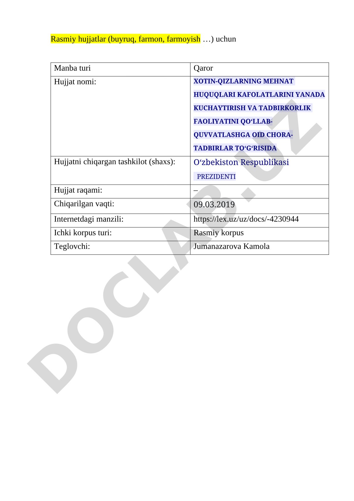 Xotin-qizlarning mehnat huquqlari kafolatlarini yanada kuchaytirish va tadbirkorlik faoliyatini qoʻllab-quvvatlashga oid chora-tadbirlar toʻgʻrisida