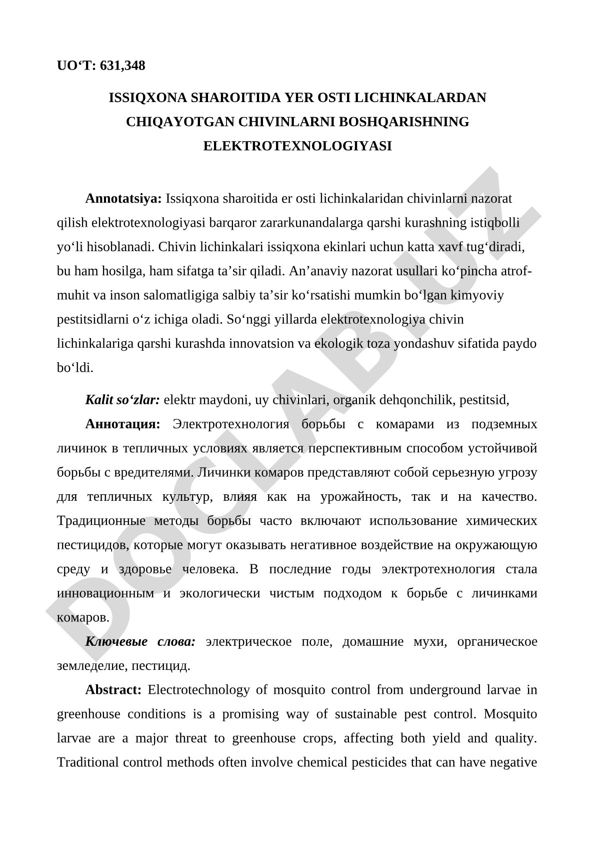 Issiqxona sharoitida yer osti lichinkalardan chiqayotgan chivinlarni boshqarishning elektrotexnologiyasi