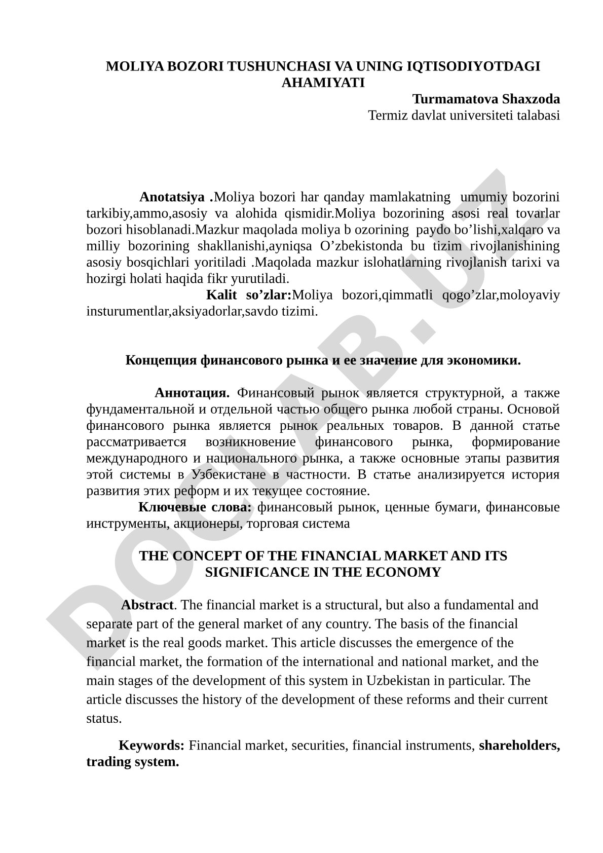 Moliya bozori tushunchasi va uning iqtisodiyotdagi ahamiyati