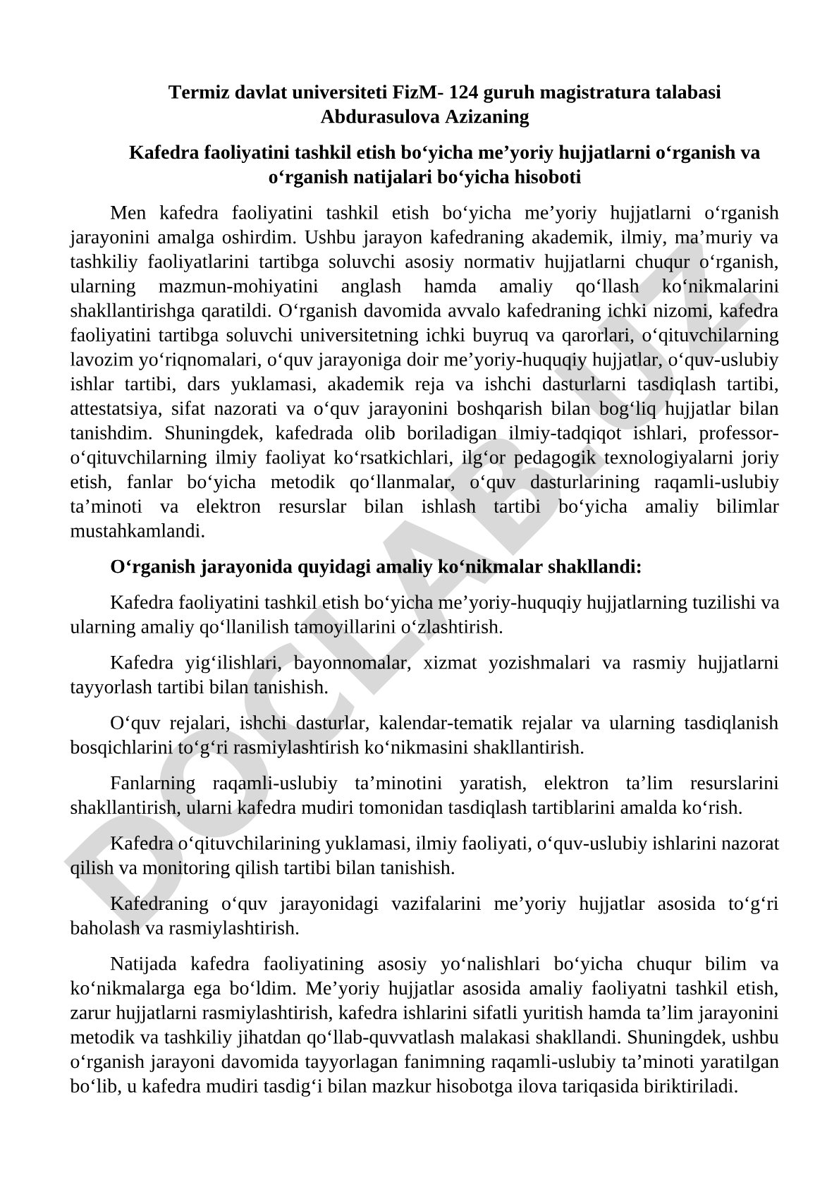 Kafedra faoliyatini tashkil etish bo'yicha me'yoriy hujjatlarni o'rganish hisoboti