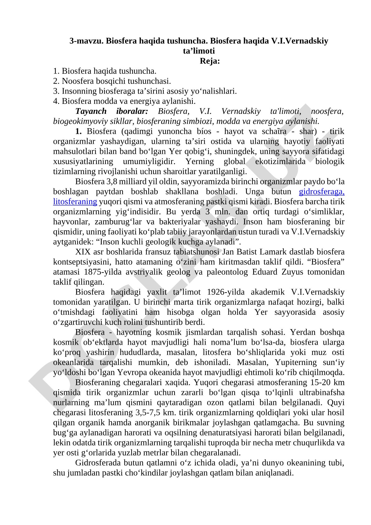 Biosfera haqida tushuncha. Biosfera haqida V.I.Vernadskiy ta’limoti