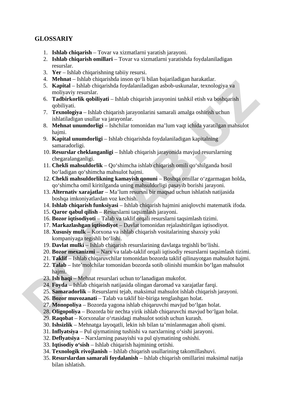 Iqtisodiyot glossariy: ishlab chiqarish omillari va tushunchalari