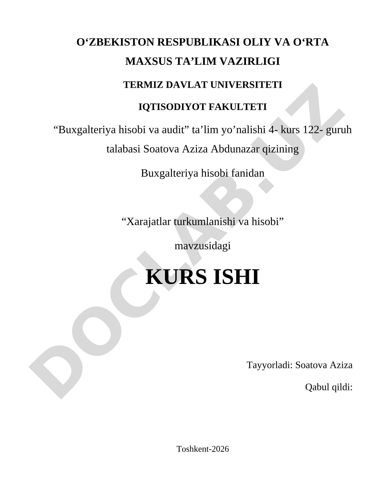 Xarajatlar turkumlanishi va hisobi