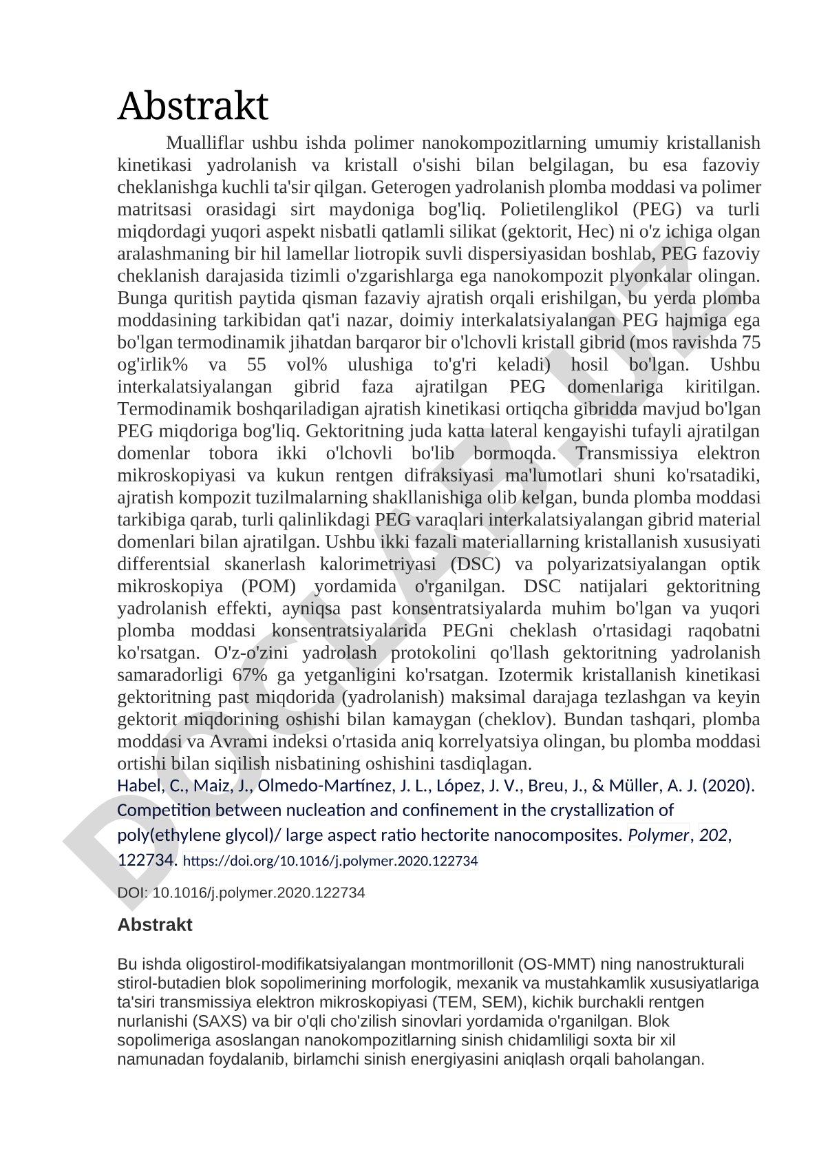 Polimer nanokompozitlarning kristallanish kinetikasi