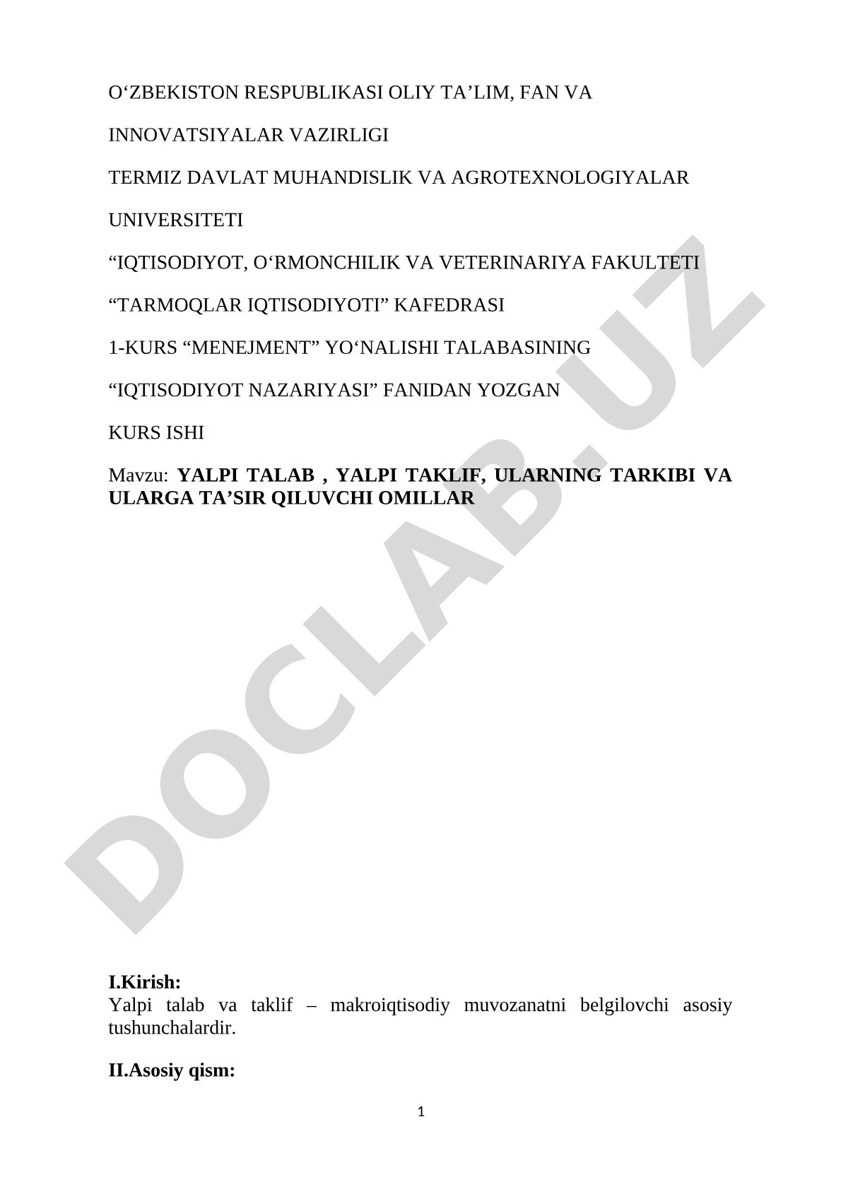 Yalpi talab, yalpi taklif, ularning tarkibi va ularga ta'sir qiluvchi omillar