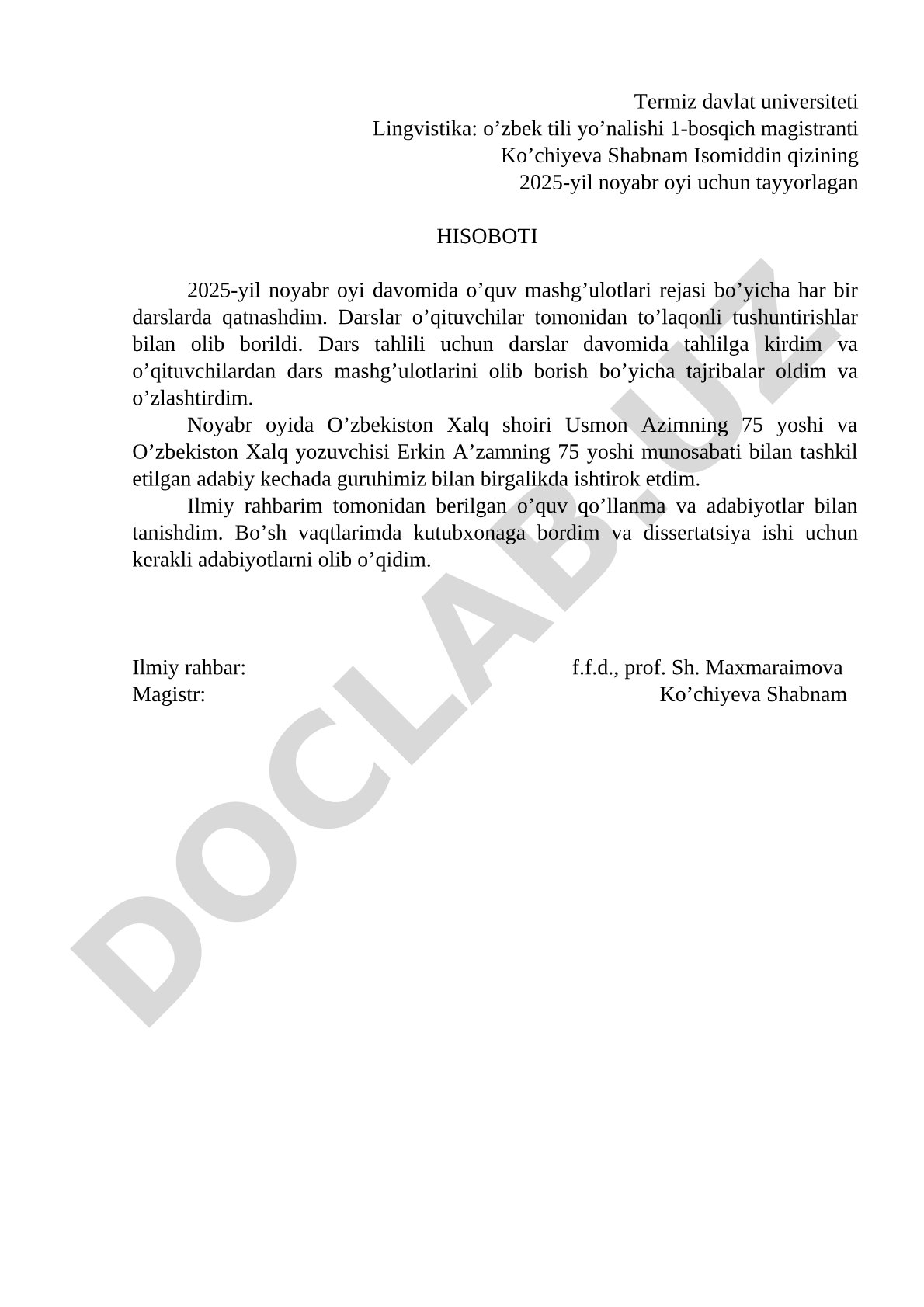 Magistrantning 2025-yil noyabr oyi hisoboti