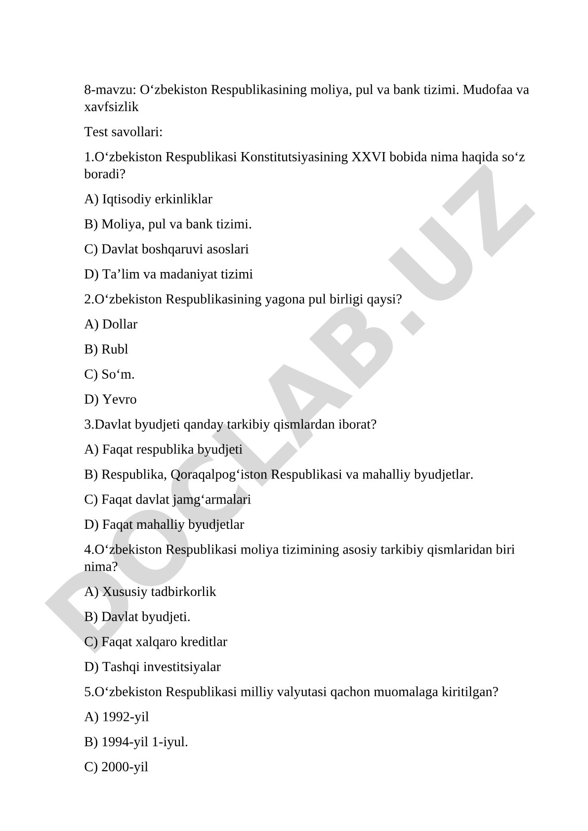 O‘zbekiston Respublikasining moliya, pul va bank tizimi