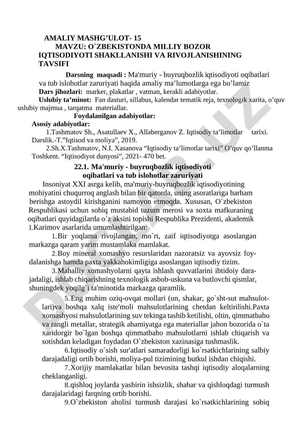 O'zbekistonda milliy bozor iqtisodiyoti shakllanishi va rivojlanishining tavsifi