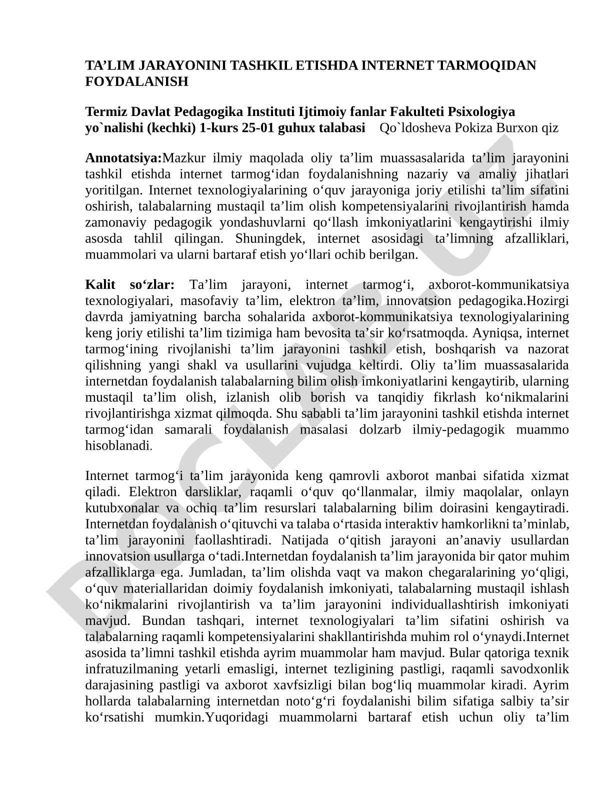 Ta'lim jarayonini tashkil etishda internet tarmog'idan foydalanish