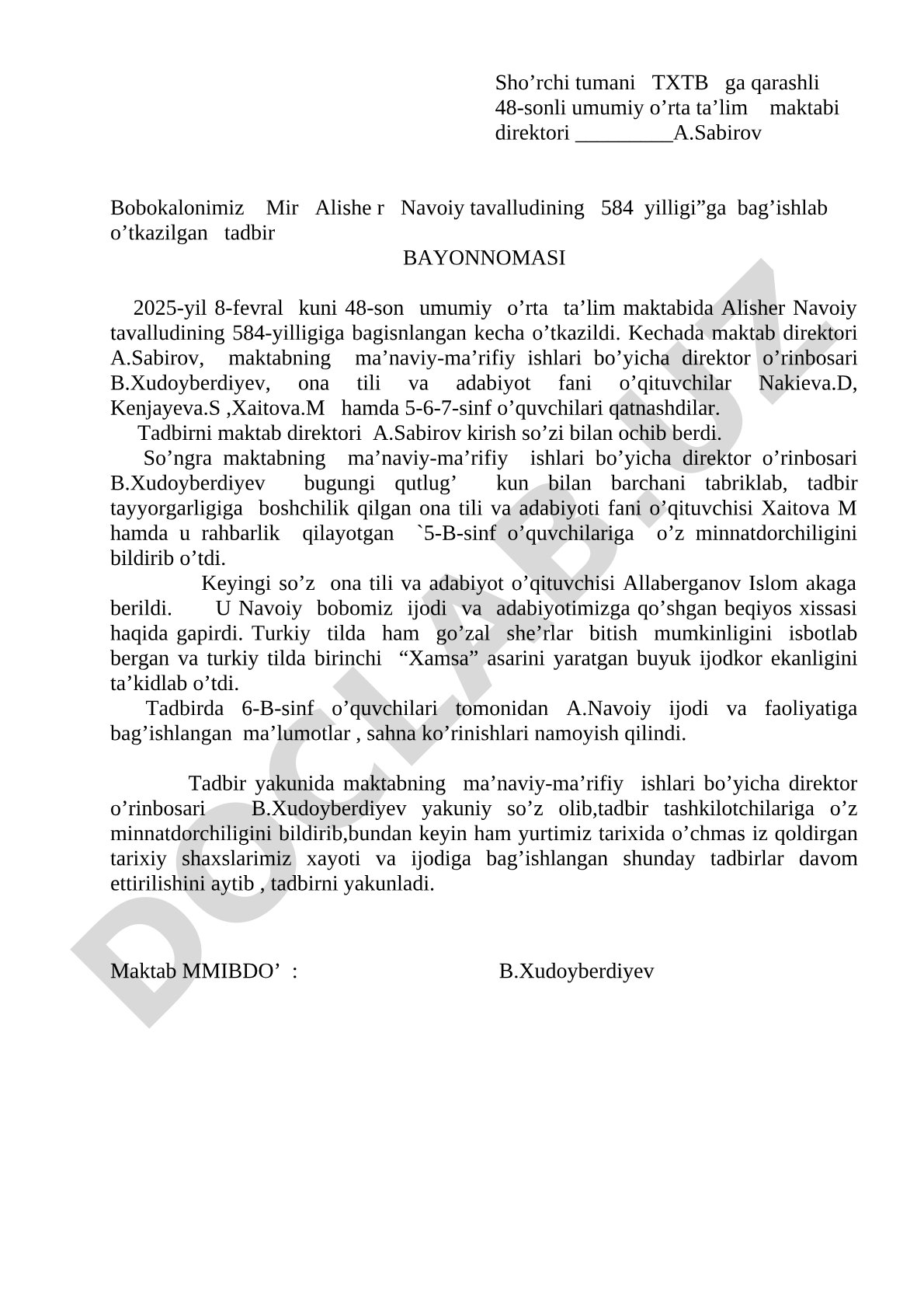 Alisher Navoiy tavalludining 584 yilligiga bag'ishlangan tadbir bayonnomasi