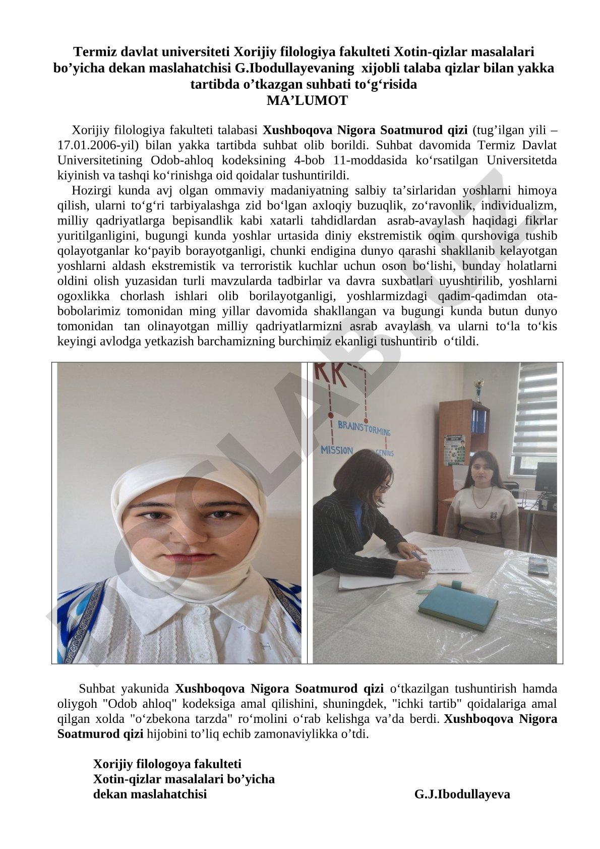 Xijobli talaba qizlar bilan yakka tartibda suhbat to'g'risida ma'lumot