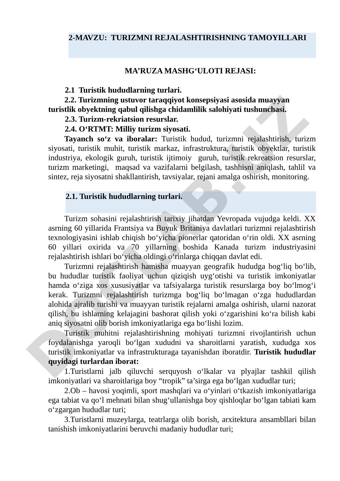 Turizmni rejalashtirishning tamoyillari