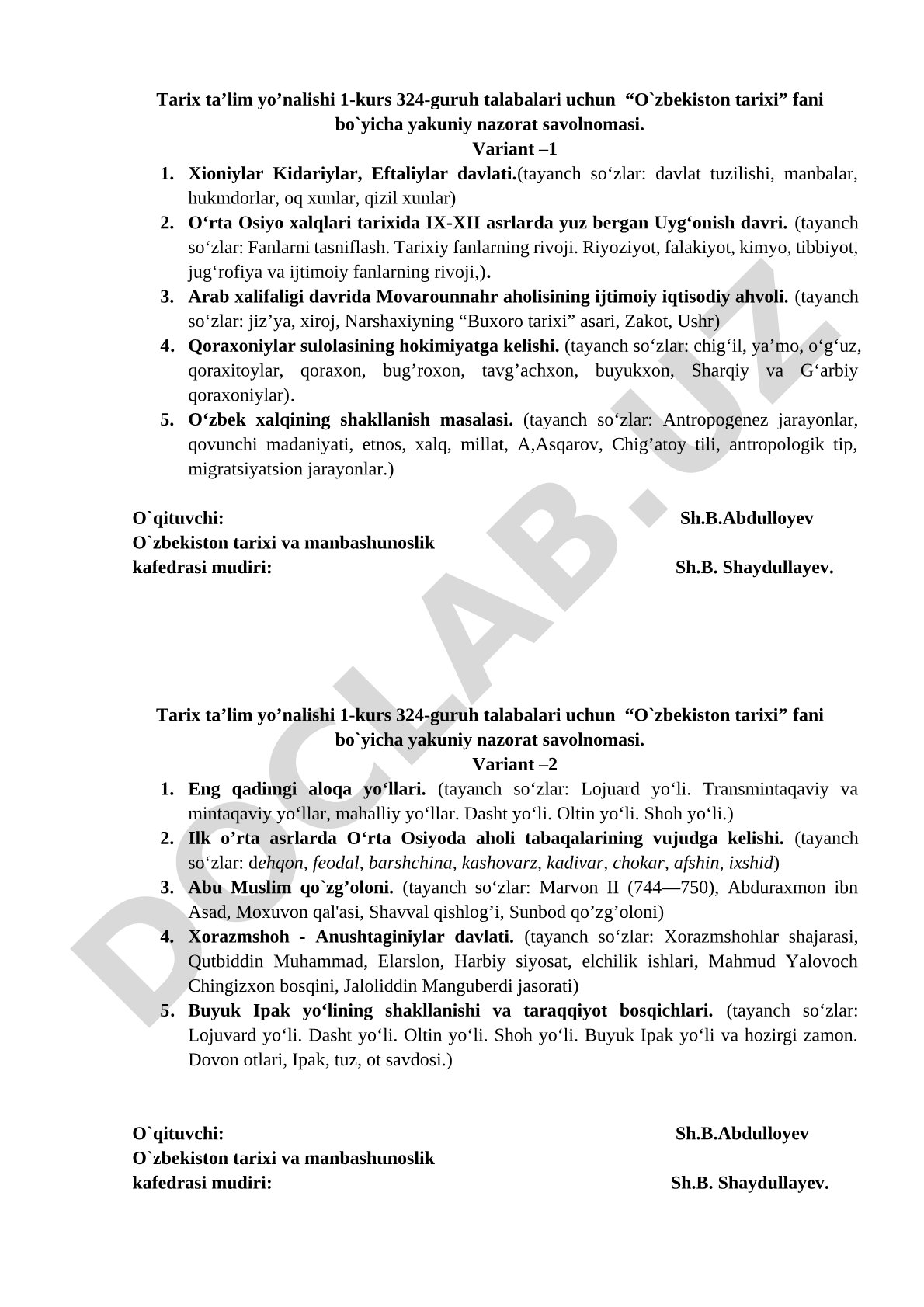 O'zbekiston tarixi fanidan yakuniy nazorat savolnomasi