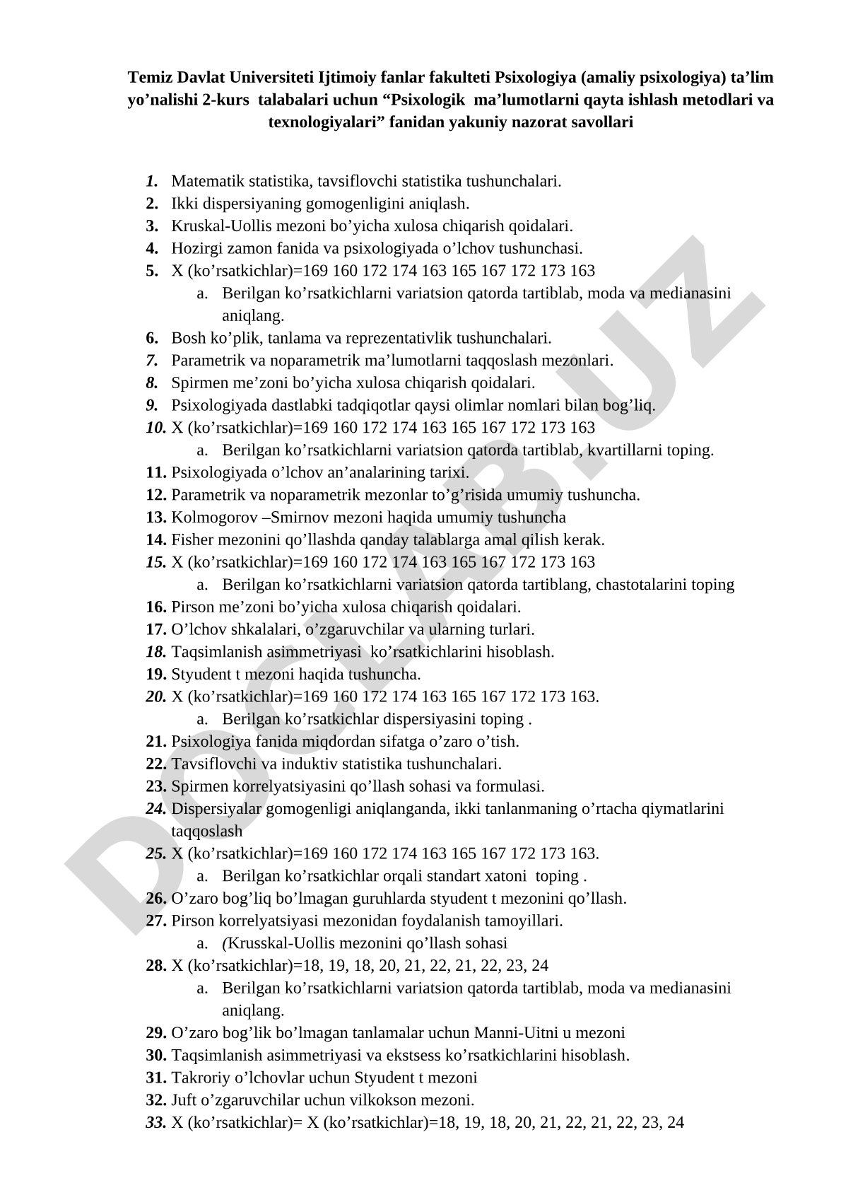 Psixologik ma'lumotlarni qayta ishlash metodlari va texnologiyalari fanidan yakuniy nazorat savollari