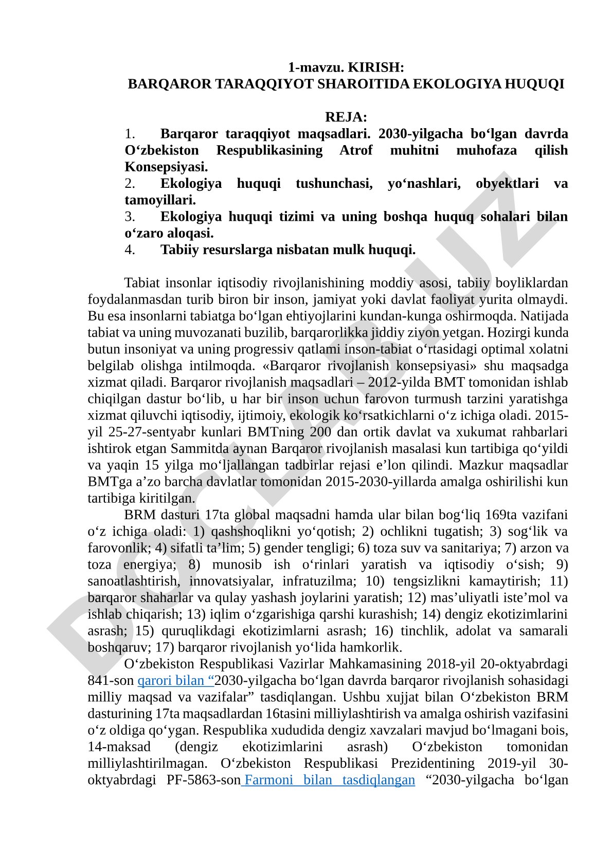 Barqaror taraqqiyot sharoitida ekologiya huquqi