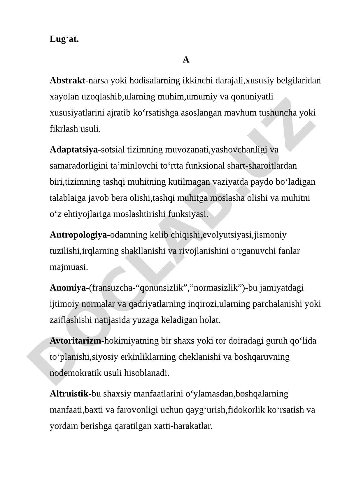 Lug'at: Abstrakt, Adaptatsiya, Antropologiya, Anomiya, Avtoritarizm, Altruistik