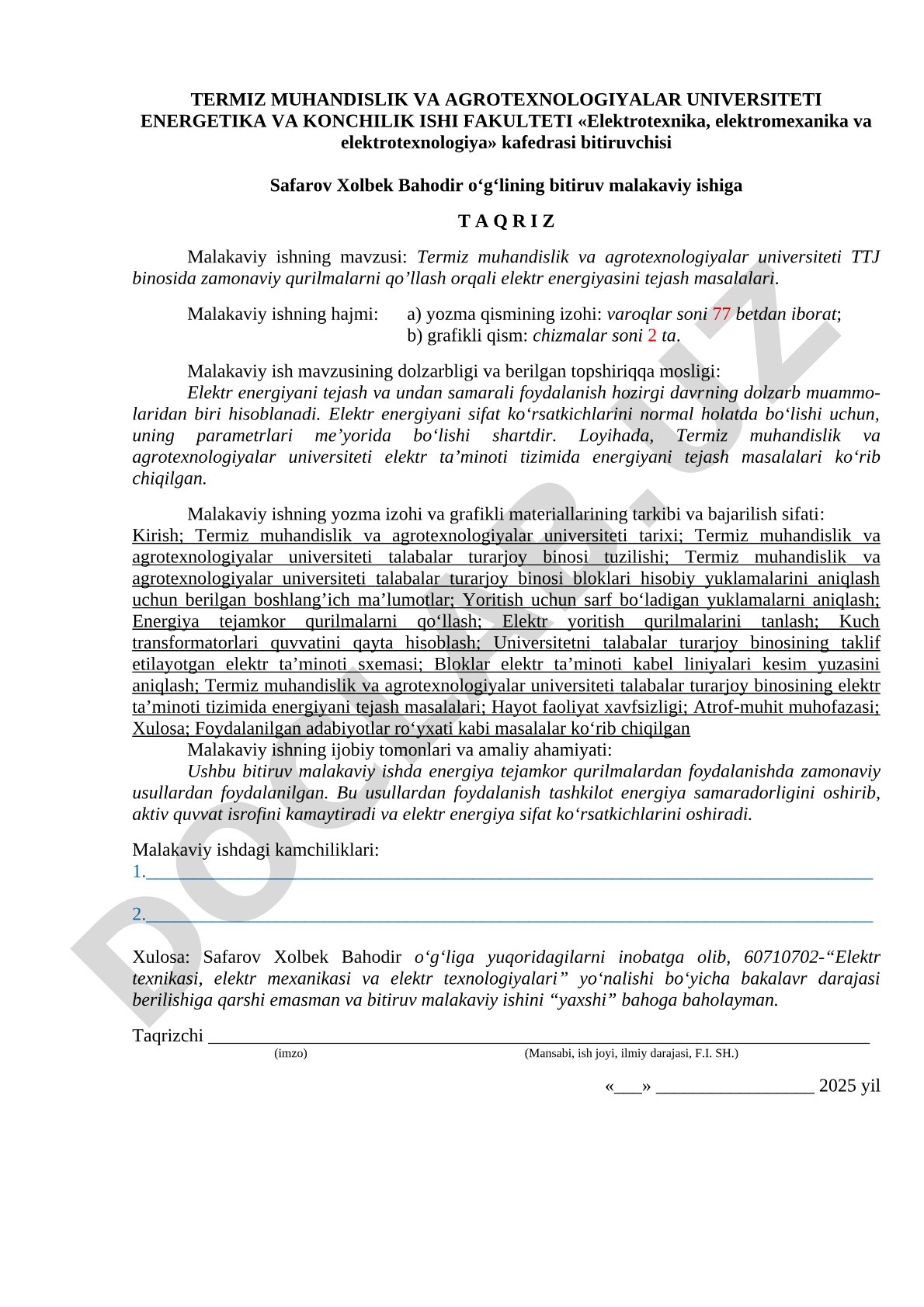 Termiz muhandislik va agrotexnologiyalar universiteti TTJ binosida zamonaviy qurilmalarni qo’llash orqali elektr energiyasini tejash masalalari