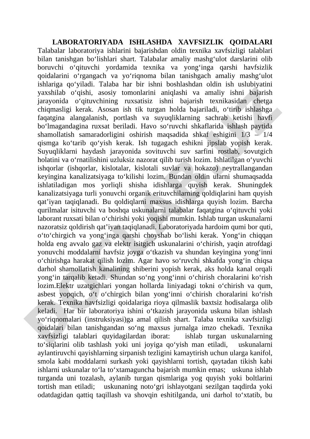 Laboratoriyada ishlashda xavfsizlik qoidalari