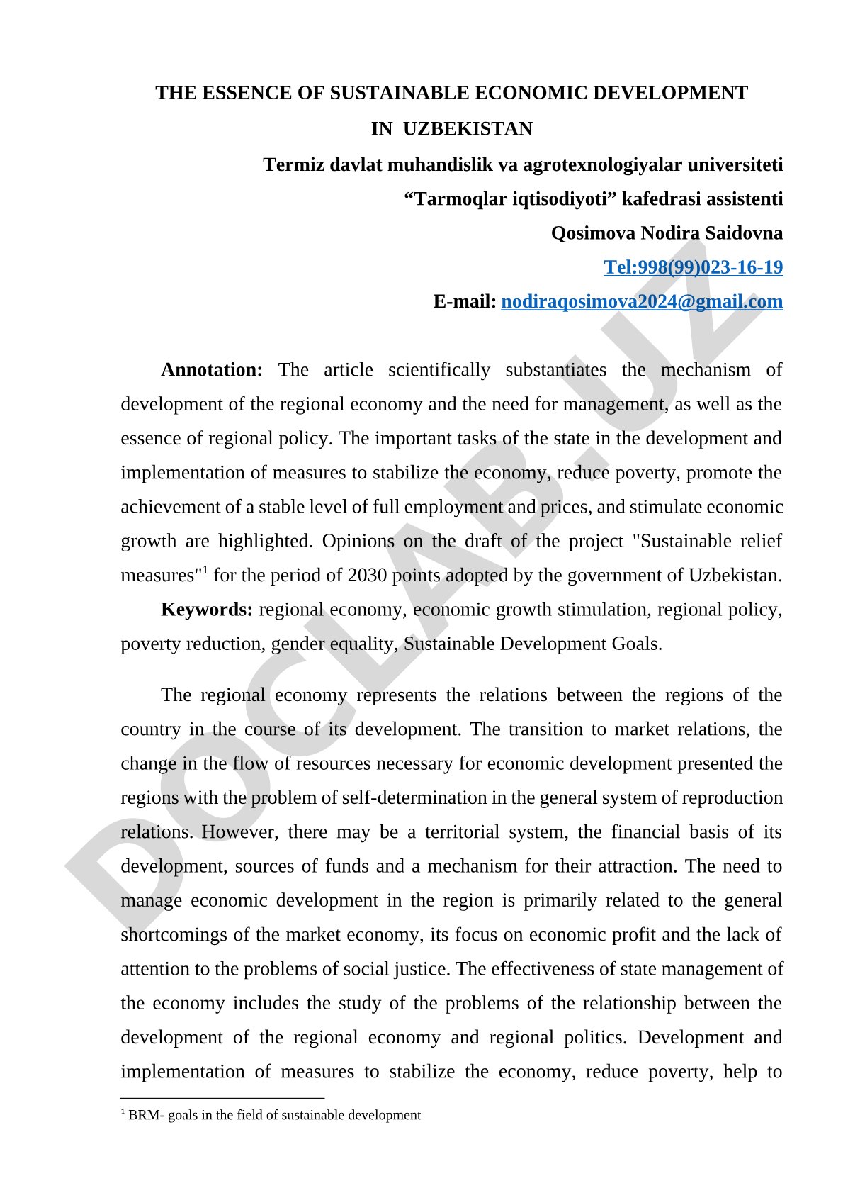 The essence of sustainable economic development in Uzbekistan