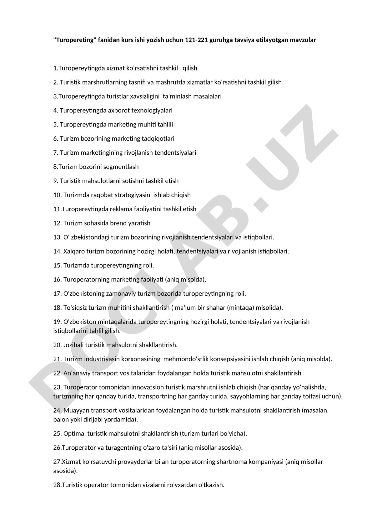 Turopereting fanidan kurs ishi mavzulari