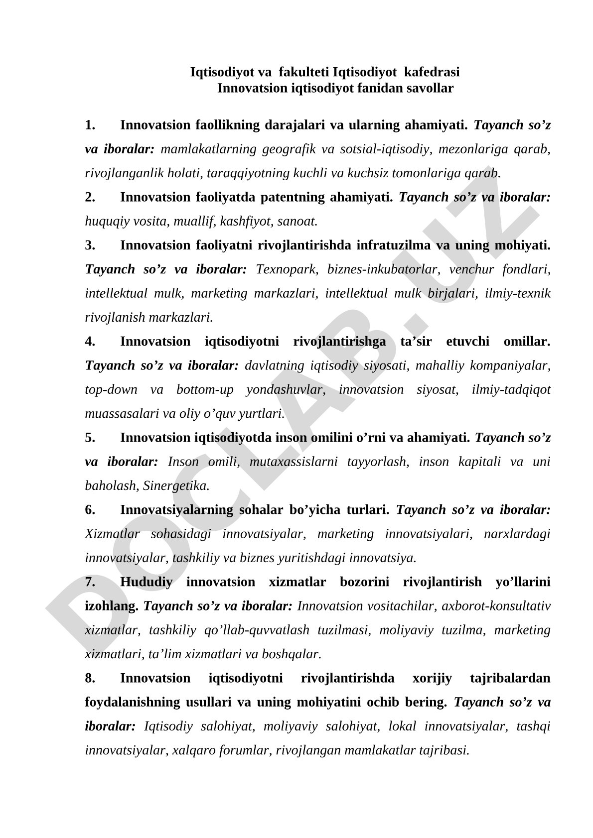 Innovatsion iqtisodiyot fanidan savollar