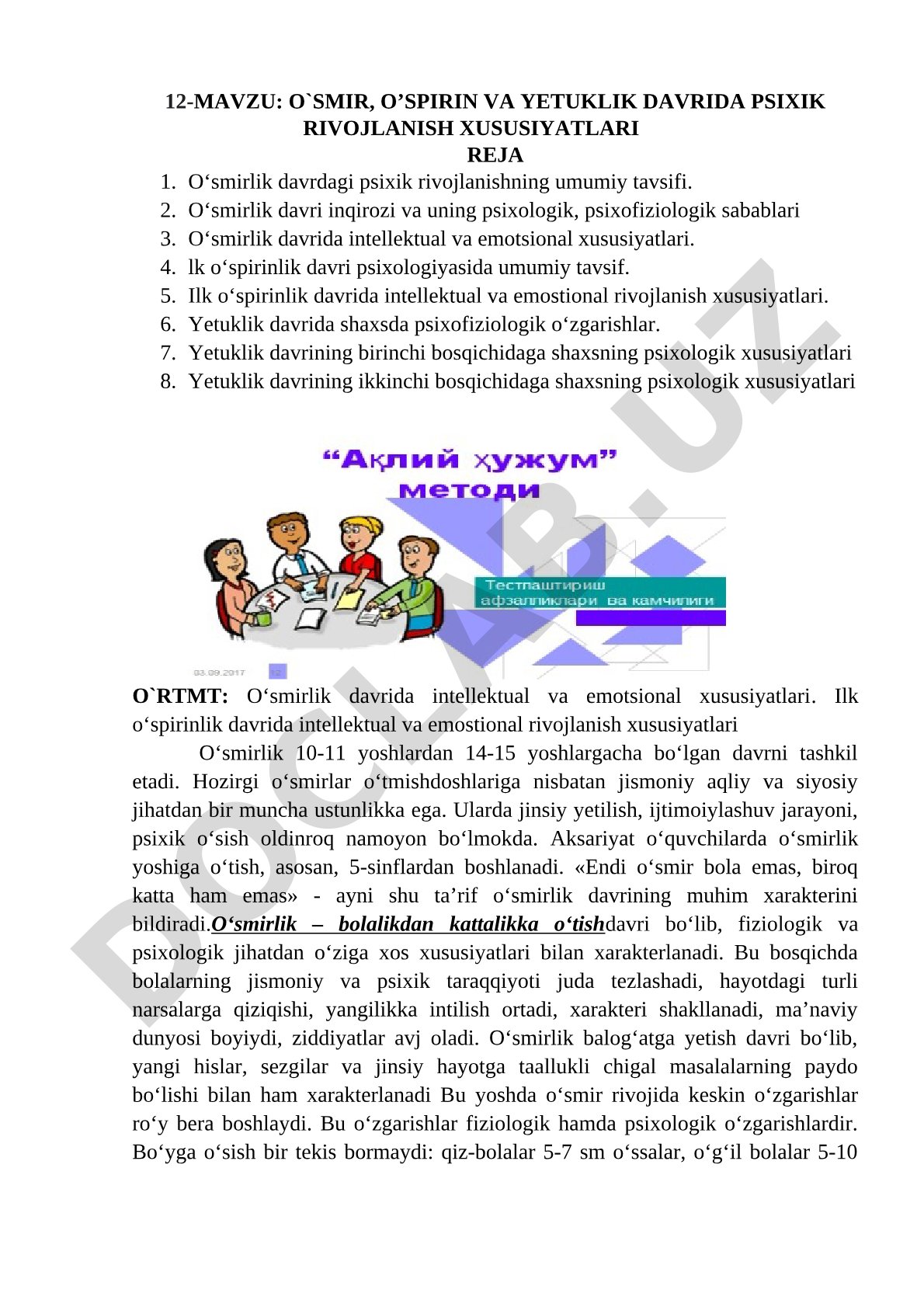 O'smir, o'spirin va yetuklik davrida psixik rivojlanish xususiyatlari