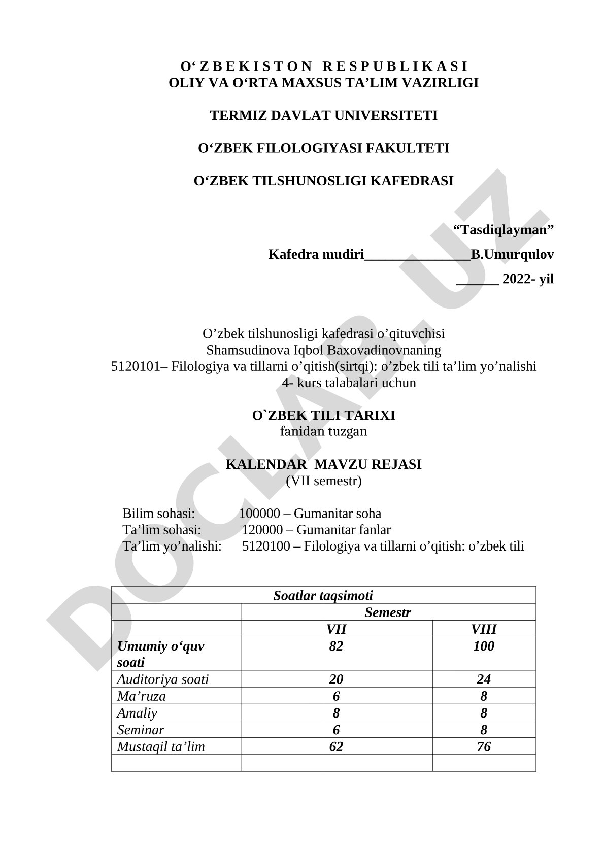 O'zbek tili tarixi fanidan kalendar mavzu rejasi